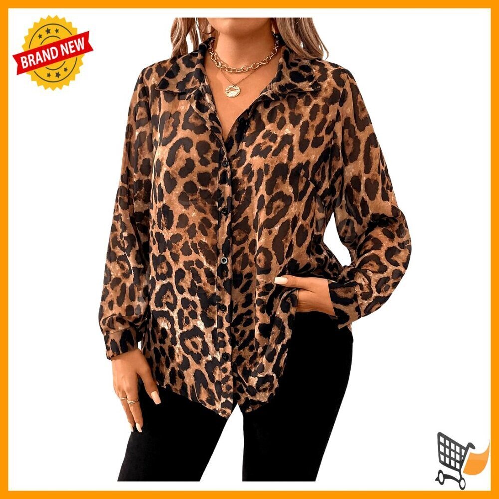 Plus Size Long Sleeve Button Down Blouse Leopard Print Loose Fit Chic